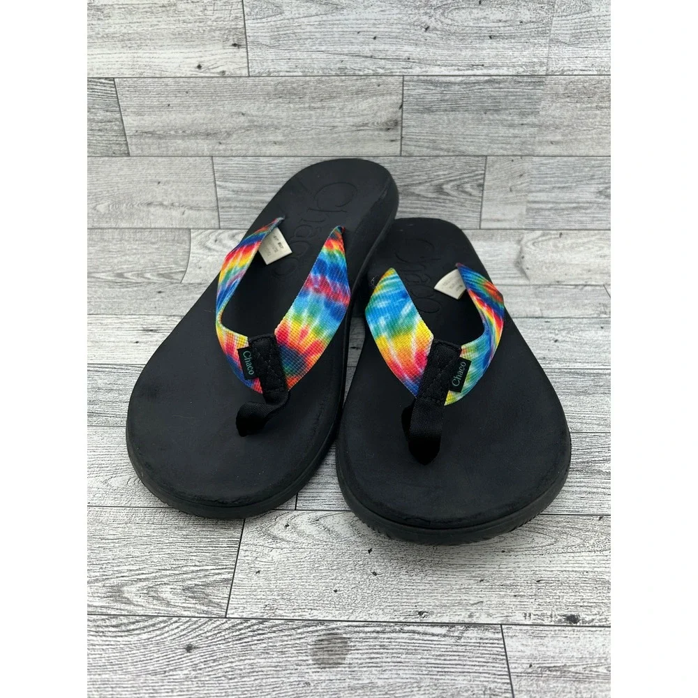 Chaco Chillos Flip Flops Men Sz 10 Black Tie Dye‎ Rainbow Straps Sandals J108035